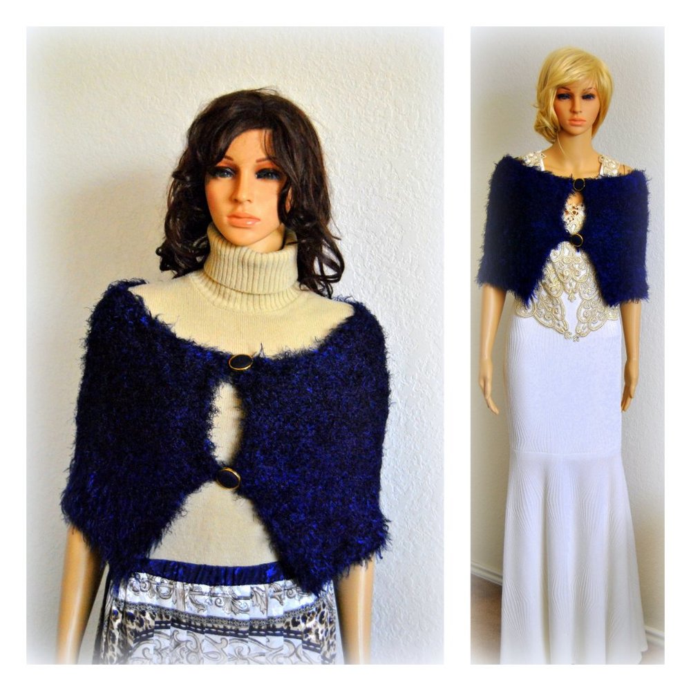 Hand Knitted Furry Silk Shawl Wrap Navy